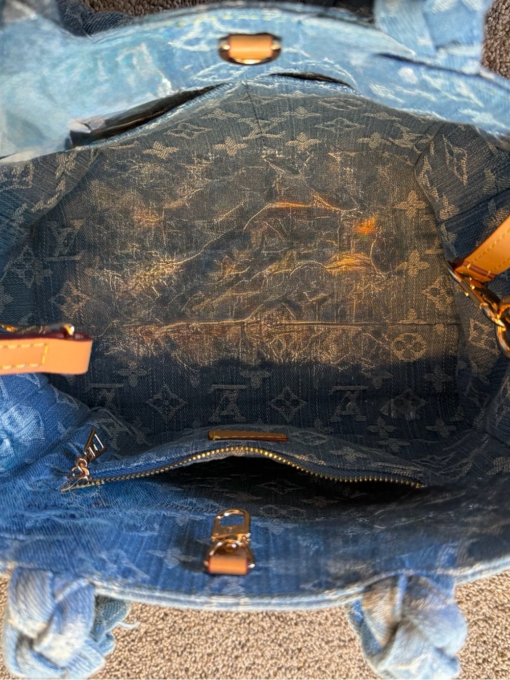 Denim Monogram Blue Tote with Tan Leather Trim